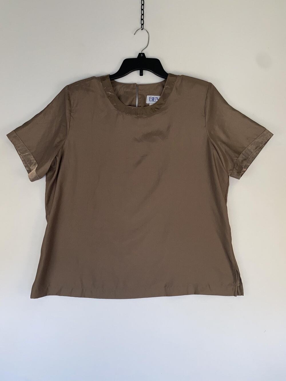BFA Classics Blouse Womens XL Brown Solid Short Sleeve Keyhole Round Neck Top